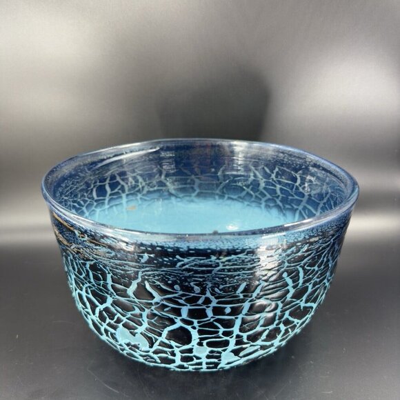 1987 Hand Blown Art Glass Large Bowl Dish Lava Glaze Finish Blue Black Signed - Picture 8 of 16